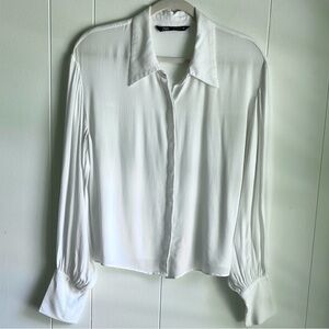 Zara Women's White Blouse Button Front Cuff Sleeve Office Career Wear Sz Med